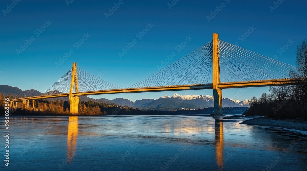 The Golden Ears Bridge spanning the Fraser River, connecting Maple Ridge to Langley, bathed in golden light against a clear blue sky. The Golden Ears Bridge spanning the Fraser River, connecting Maple Ridge to Langley, bathed in golden light against a clear blue sky.