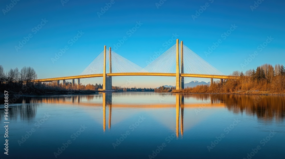 The Golden Ears Bridge spanning the Fraser River, connecting Maple Ridge to Langley, bathed in golden light against a clear blue sky. The Golden Ears Bridge spanning the Fraser River, connecting Maple Ridge to Langley, bathed in golden light against a clear blue sky.