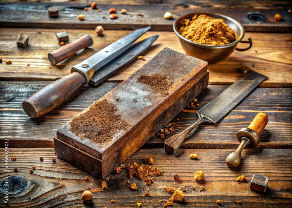 A rusty old esmeril, also known as a sharpening stone, lies on a worn ...