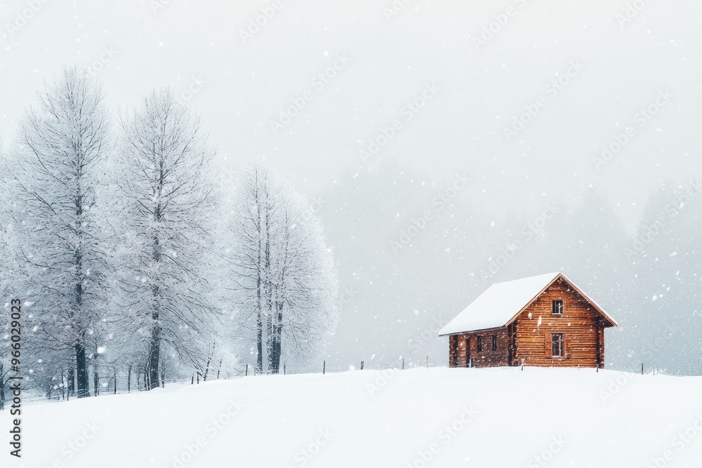 Naklejka premium A Small Cabin Amidst a Snow-Covered Landscape