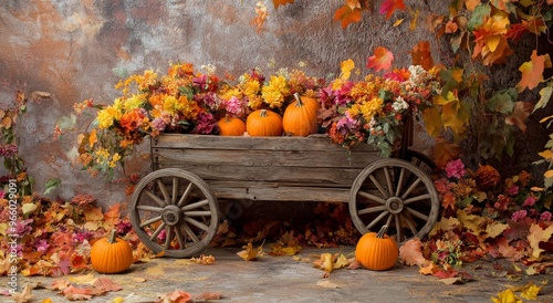 Autumn harvest display with a wooden cart, pumpkins, and colorful foliage in ...
