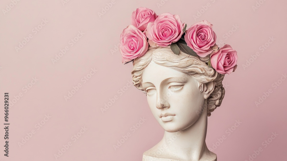 The head of a classical statue with bright pink roses inserted, isolated against a soft color backdrop. The head of a classical statue with bright pink roses inserted, isolated against a soft color backdrop.