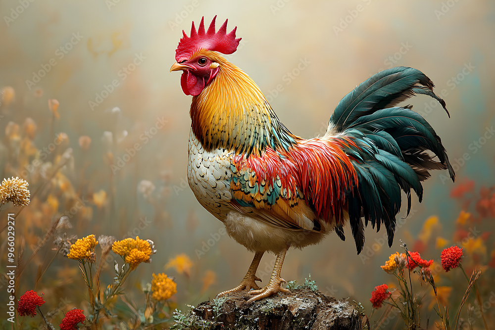Fototapeta premium A vibrant rooster stands proudly among colorful flowers in a serene setting.