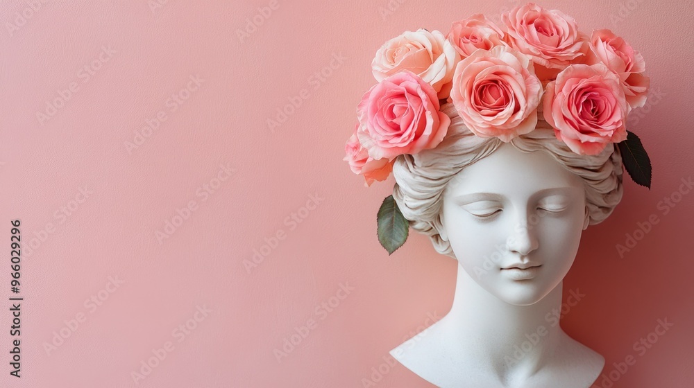 The head of a classical statue with bright pink roses inserted, isolated against a soft color backdrop. The head of a classical statue with bright pink roses inserted, isolated against a soft color backdrop.