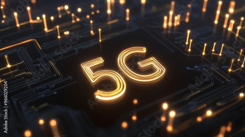 Concept of wireless technology with 5G symbol on a microchip. Data flows from CPU to futuristic motherboard. 3D animation. photo