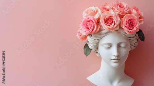 The head of a classical statue with bright pink roses inserted, isolated against a soft color backdrop.