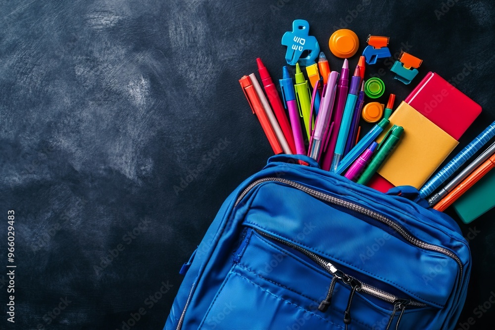 Blue Backpack with Colorful School Supplies in Flat Lay Top View - AI generated illustration Blue Backpack with Colorful School Supplies in Flat Lay Top View - AI generated illustration