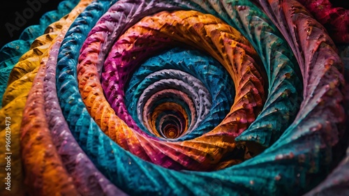 Vibrant spiral pattern of multicolored rope showcasing intricate design and texture in close-up view