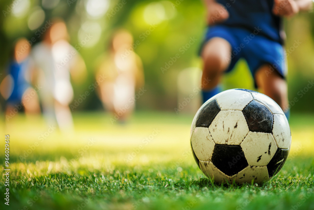Boys playing soccer outdoors, running towards soccer ball on grassy field. Football training for children. Concept of sports and teamwork. Boys playing soccer outdoors, running towards soccer ball on grassy field. Football training for children. Concept of sports and teamwork.