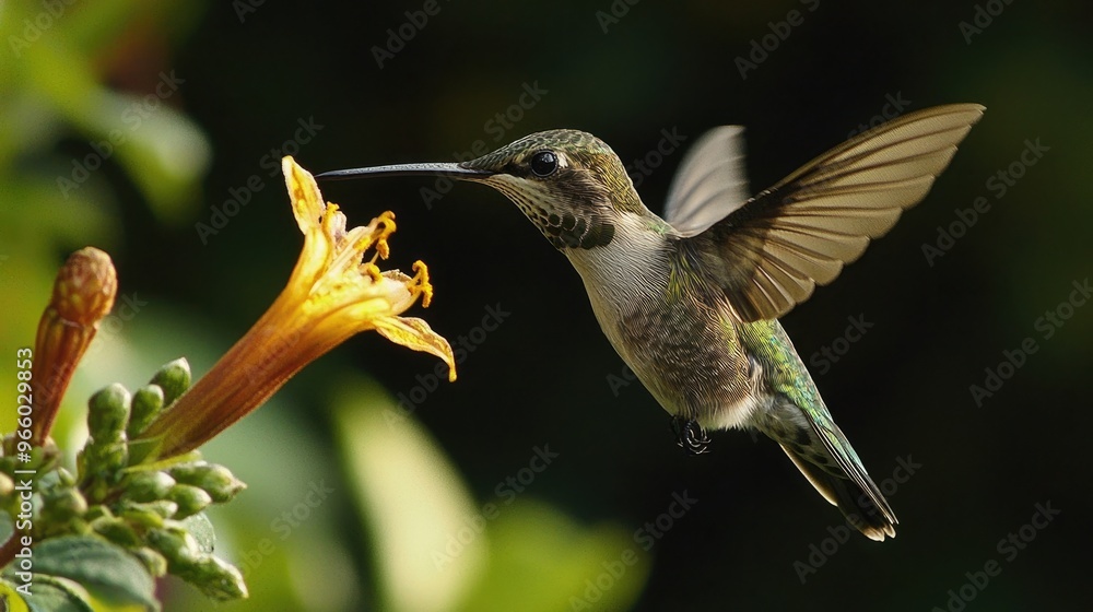 Fototapeta premium Hummingbird Hovering Near Vibrant Flower in Garden