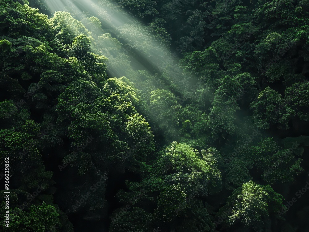 Forest canopy with rays of sunlight breaking through, eco-friendly atmosphere, peaceful vibes Forest canopy with rays of sunlight breaking through, eco-friendly atmosphere, peaceful vibes