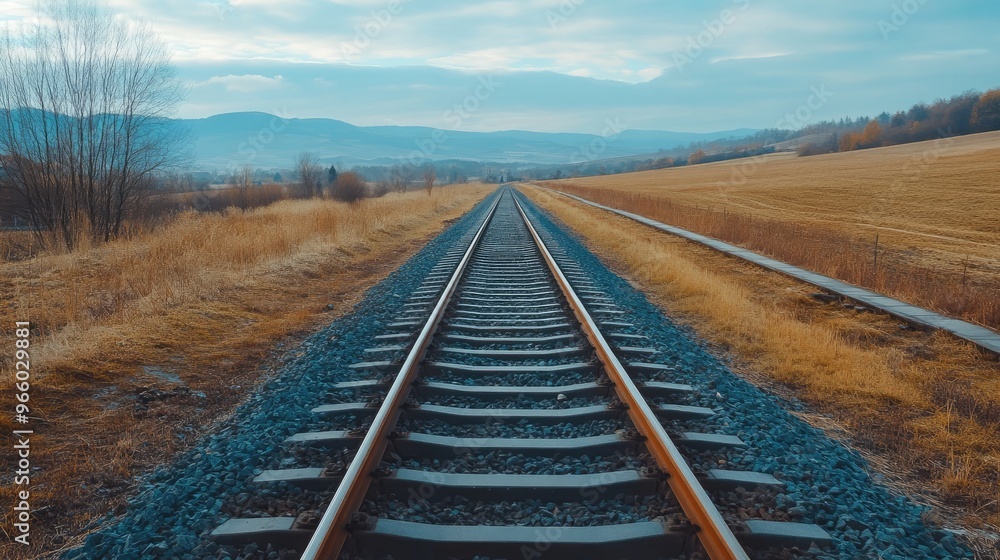 Fototapeta premium Metal railway tracks stretching into the distance, surrounded by a rural landscape.