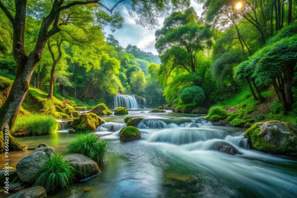 Fototapeta premium A Serene Landscape With Flowing Water, Lush Greenery, And A Tranquil Atmosphere Captures The Graceful Beauty Of Nature.
