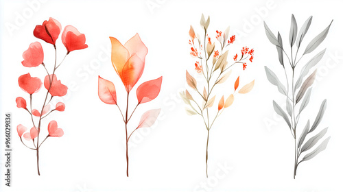 Watercolor Art with Autumn Leaves and Flowers in Soft Shades for Decorative Uses