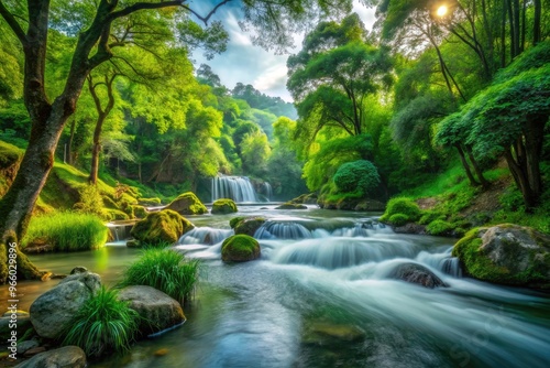 A Serene Landscape With Flowing Water, Lush Greenery, And A Tranquil Atmosphere Captures The Graceful Beauty Of Nature.