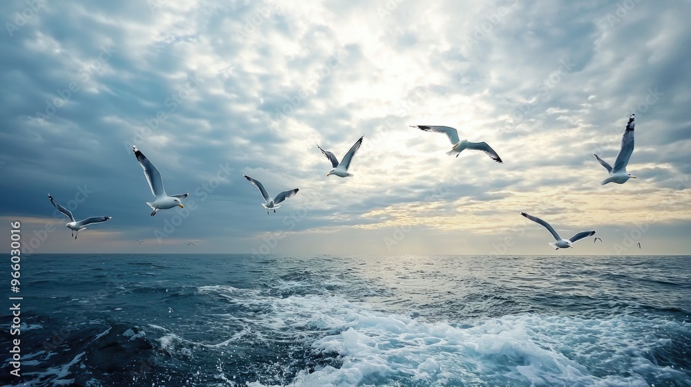 Majestic Seagulls Soaring Over the Sparkling Ocean Waters Majestic Seagulls Soaring Over the Sparkling Ocean Waters