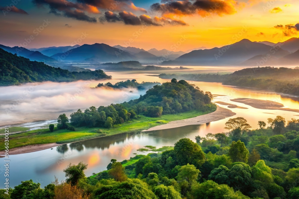 A serene misty dawn breaks over the serene Brahmaputra River, surrounded by lush green forests and rolling hills in the Indian state of Assam. A serene misty dawn breaks over the serene Brahmaputra River, surrounded by lush green forests and rolling hills in the Indian state of Assam.