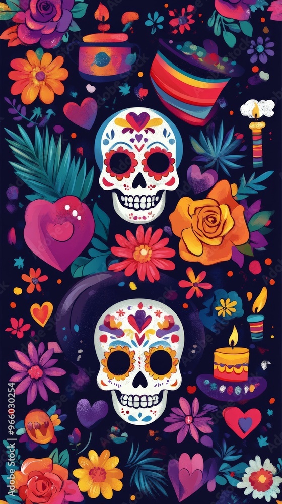 A vibrant pattern of Mexican Day of the Dead elements A vibrant pattern of Mexican Day of the Dead elements