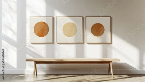 Artistic display of three abstract paintings in warm tones on a minimalist wa...