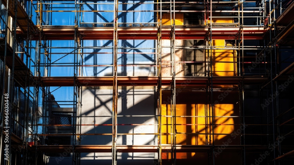 Metal scaffolding on a construction site, casting shadows in the afternoon light. Metal scaffolding on a construction site, casting shadows in the afternoon light.