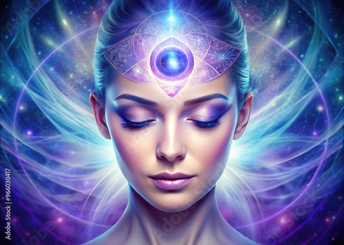 A serene woman's face with an intricately designed third eye on her forehead, radiating a swirling aura of purple and blue, symbolizing intuition and insight. photo