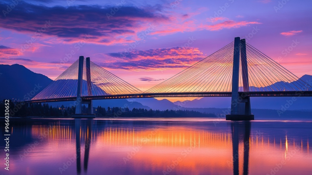 Obraz premium Vancouver's Golden Ears Bridge at sunset, its cable-suspended span creating a striking silhouette over the Fraser River.