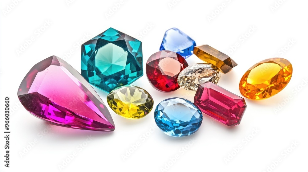 Various bright gems in different shapes and colors, isolated on white, perfect for jewelry design concepts. Various bright gems in different shapes and colors, isolated on white, perfect for jewelry design concepts.