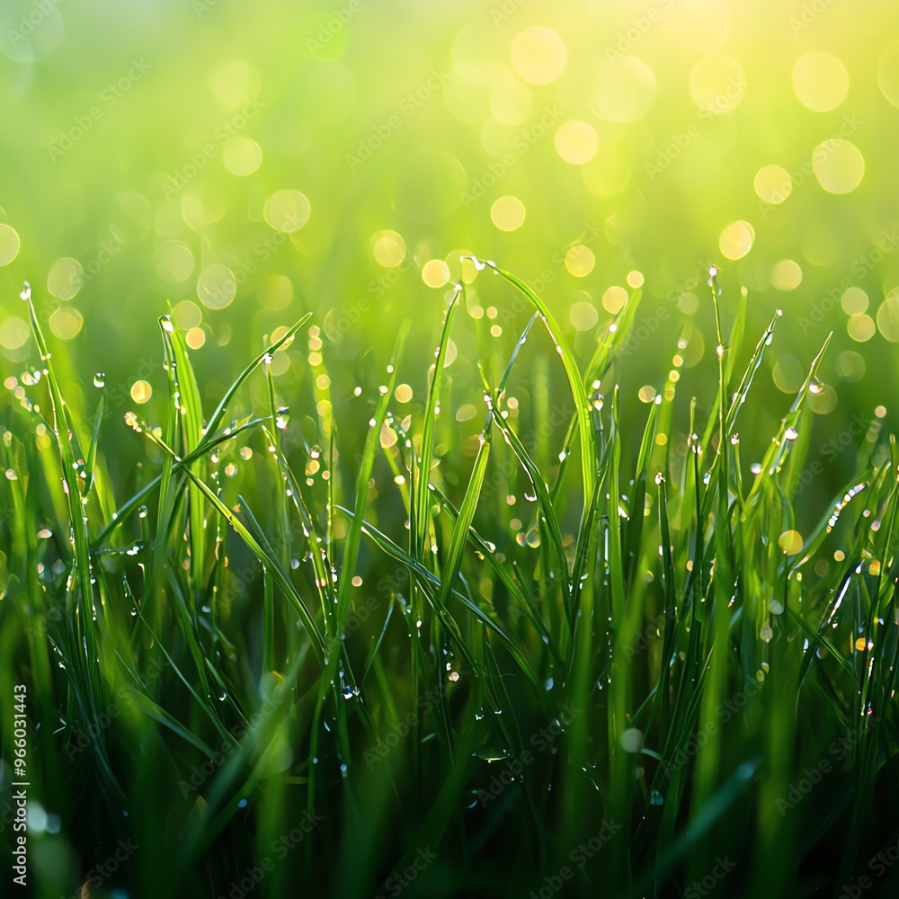 Fototapeta premium A close-up of dewy grass blades glistening in the sunlight, creating a refreshing and serene natural atmosphere.