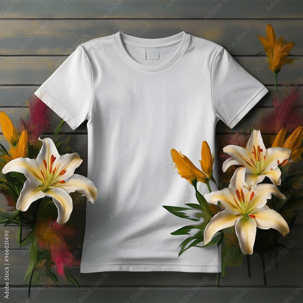t-shirt mock up template design with a bouquet of lilies, over the painted wall background t-shirt mock up template design with a bouquet of lilies, over the painted wall background