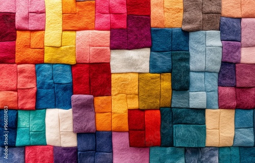 Colorful felt squares arranged in a vibrant patchwork pattern for crafting