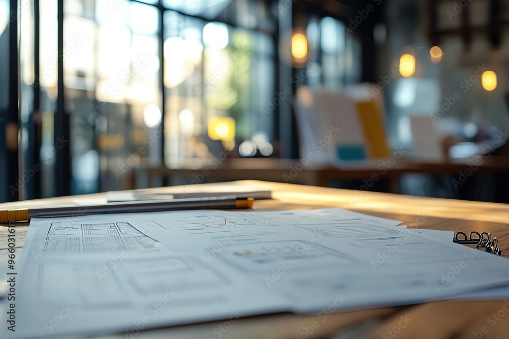 A close-up view of a workspace featuring blueprints, notebooks, and a pencil, with a bright, open office ambiance in the background. A close-up view of a workspace featuring blueprints, notebooks, and a pencil, with a bright, open office ambiance in the background.