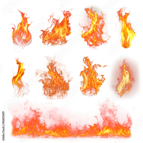 Fire flame effect png element set, transparent background