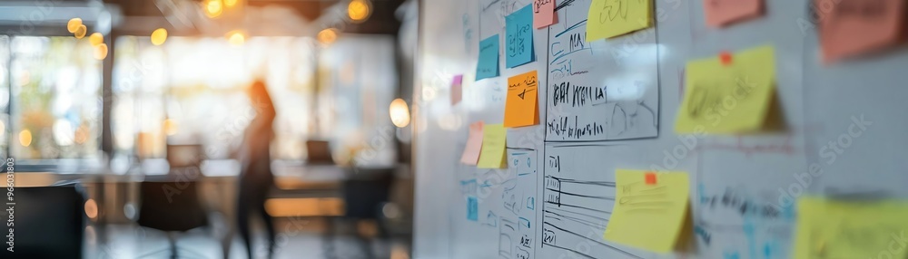 A creative workspace featuring a wall covered in colorful sticky notes, ideal for brainstorming and project planning. A creative workspace featuring a wall covered in colorful sticky notes, ideal for brainstorming and project planning.