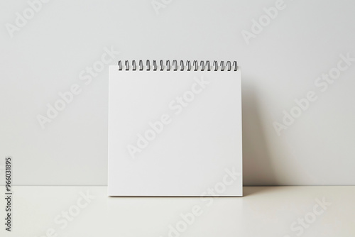 Modelo de calendário de mesa em branco. Encadernação em espiral com páginas vazias. Foto minimalista com espaço para texto. Decoração de escritório e casa. Fotografia de fundo minimalista e brilhante