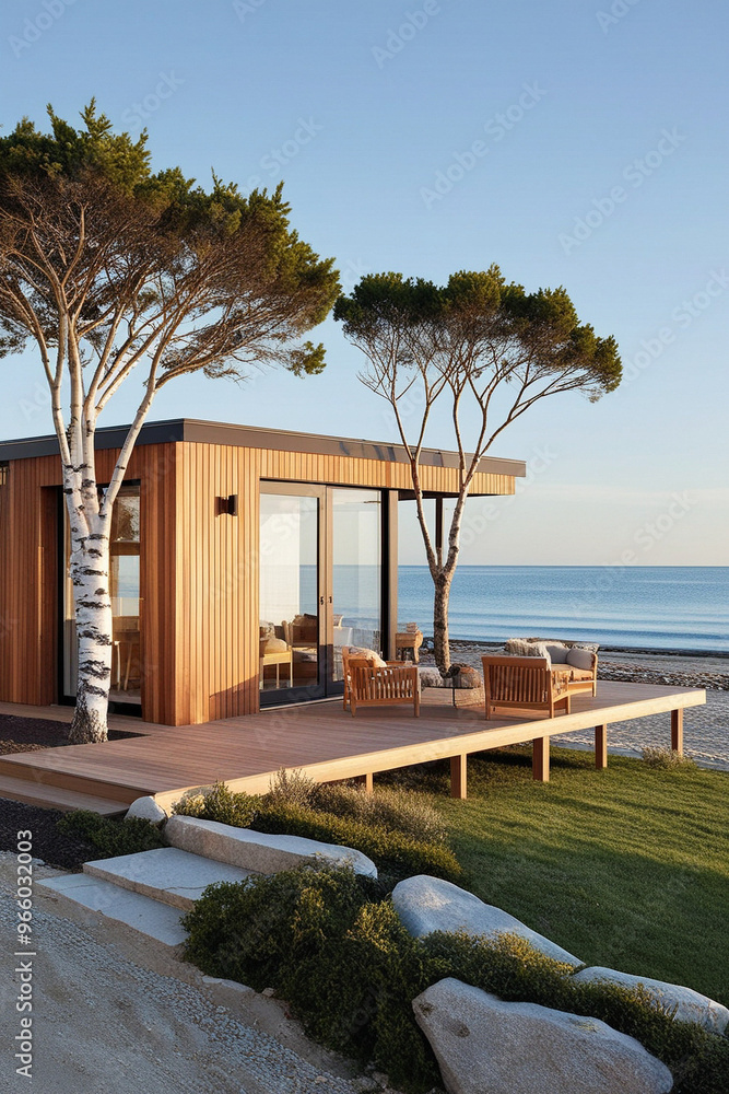 Fototapeta premium Luxury house on the beach with big glass walls 