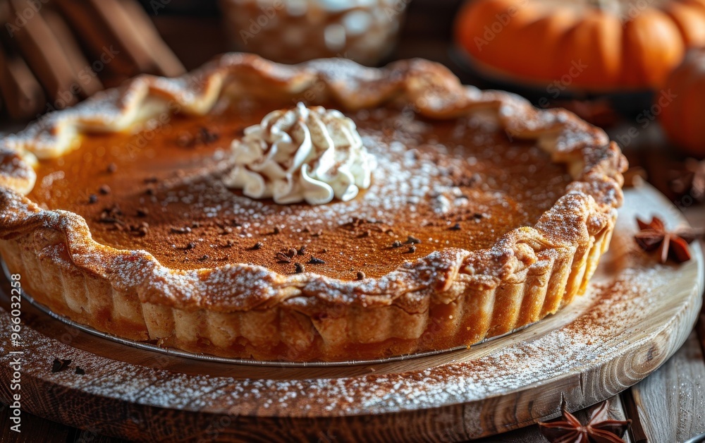 Delicious homemade pumpkin pie topped with whipped cream, surrounded by warm autumn decorations on a wooden table. Delicious homemade pumpkin pie topped with whipped cream, surrounded by warm autumn decorations on a wooden table.