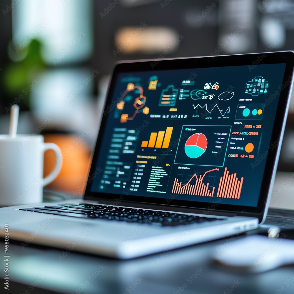 A modern laptop displaying colorful analytics and data visualization on a stylish workspace, accompanied by a coffee mug. A modern laptop displaying colorful analytics and data visualization on a stylish workspace, accompanied by a coffee mug.