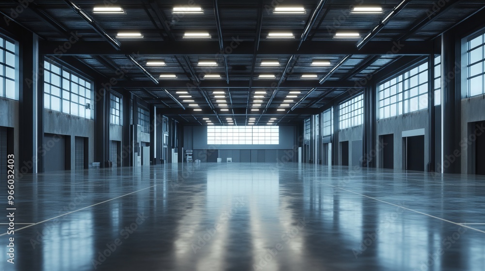 Empty Modern Warehouse with High Ceilings and LED Lighting - AI generated illustration.