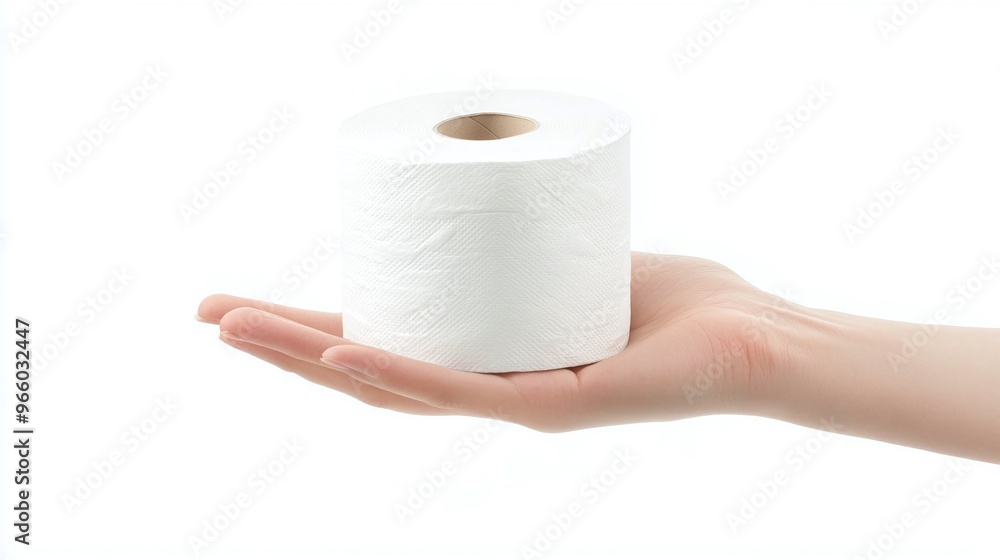 Fototapeta premium hand presenting a soft white toilet paper roll representing sanitation and hygiene necessities on a clean background