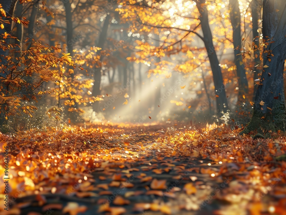 Sunlit autumn forest path with vibrant orange leaves on the ground, creating a warm and serene atmosphere.