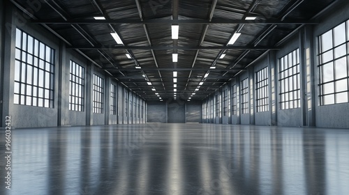 Empty Modern Warehouse with High Ceilings and LED Lighting - AI generated illustration.