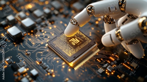 An AI robot hand is holding a computer chip for connecting various motherboard systems.