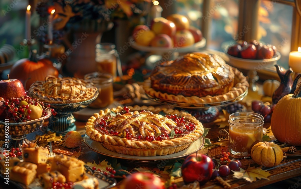 Cozy autumnal dessert table adorned with pies, apples, and autumn decorations near a sunny window. Cozy autumnal dessert table adorned with pies, apples, and autumn decorations near a sunny window.