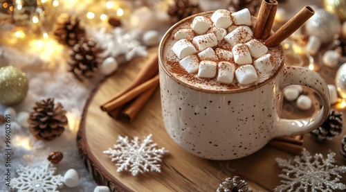 Warm hot chocolate with mini marshmallows and cinnamon sticks on a wooden tra...