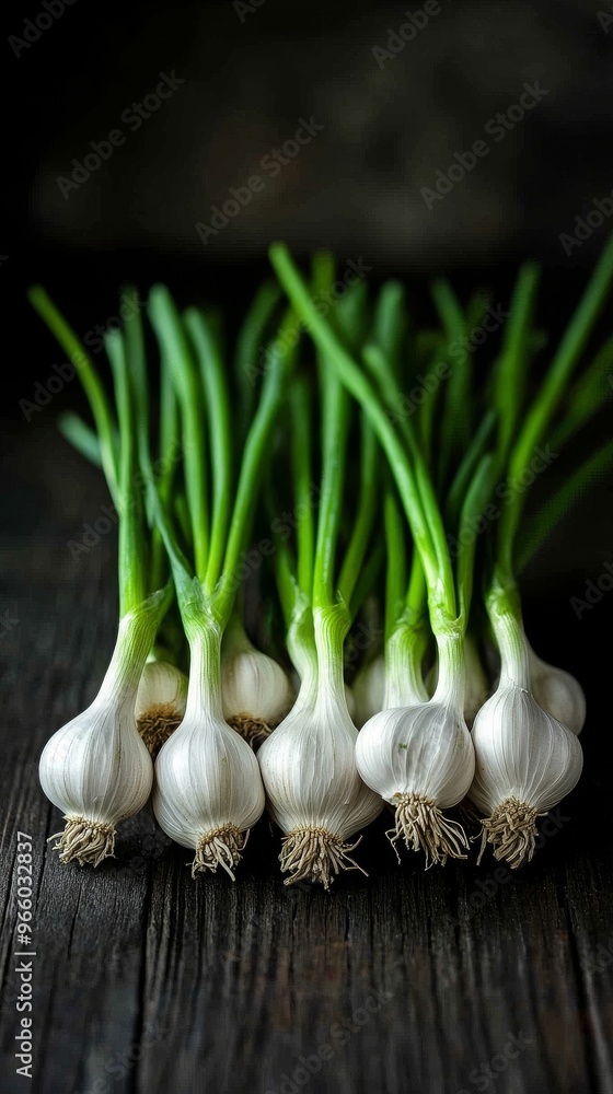 Fresh garlic bulbs with green shoots on rustic wooden table, organic cooking ingredient concept Fresh garlic bulbs with green shoots on rustic wooden table, organic cooking ingredient concept