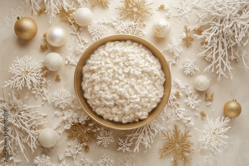 Digital newborn backdrop with a golden bowl, soft fluffy texture, and festive Christmas decorations in white and gold