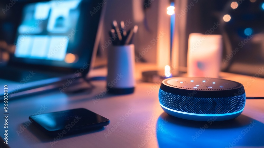 A smart speaker glowing blue on a desk, next to a laptop, smartphone and a pen holder. A smart speaker glowing blue on a desk, next to a laptop, smartphone and a pen holder.