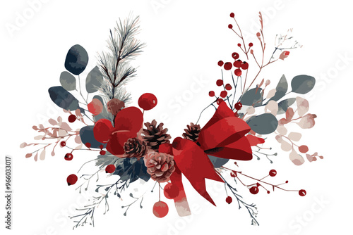 A captivating watercolor floral design showcasing vibrant red blooms, pine cones, and green foliage, beautifully arranged with a bold red bow, perfect for holiday celebrations and decorations