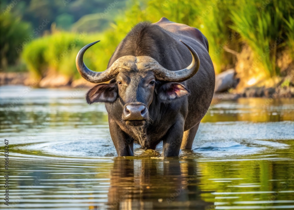 Obraz premium A Solitary River Buffalo Stands In A Shallow River, Its Massive Head Lowered To Drink.