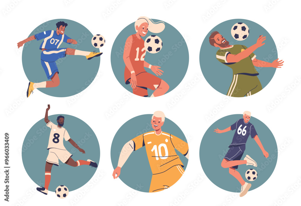 Fototapeta premium Isolated Vector Round Icons Or Avatars With Cartoon Football Players Male Female Characters In Dynamic Poses